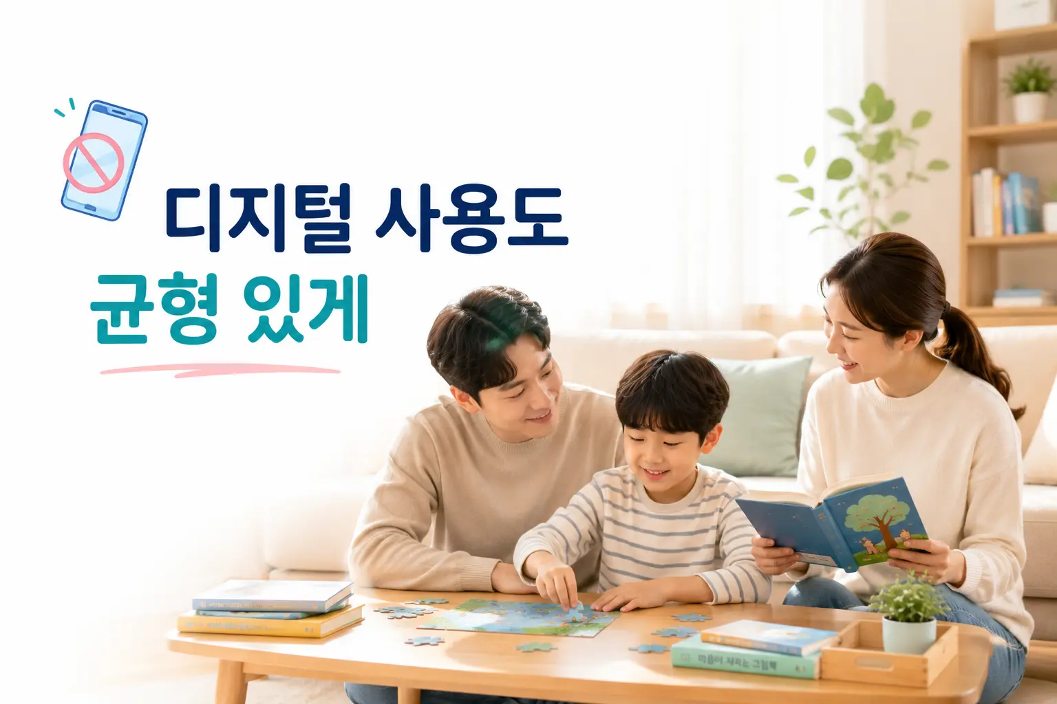 스마트폰 대신 독서와 퍼즐 놀이를 하는 한국인 어린이