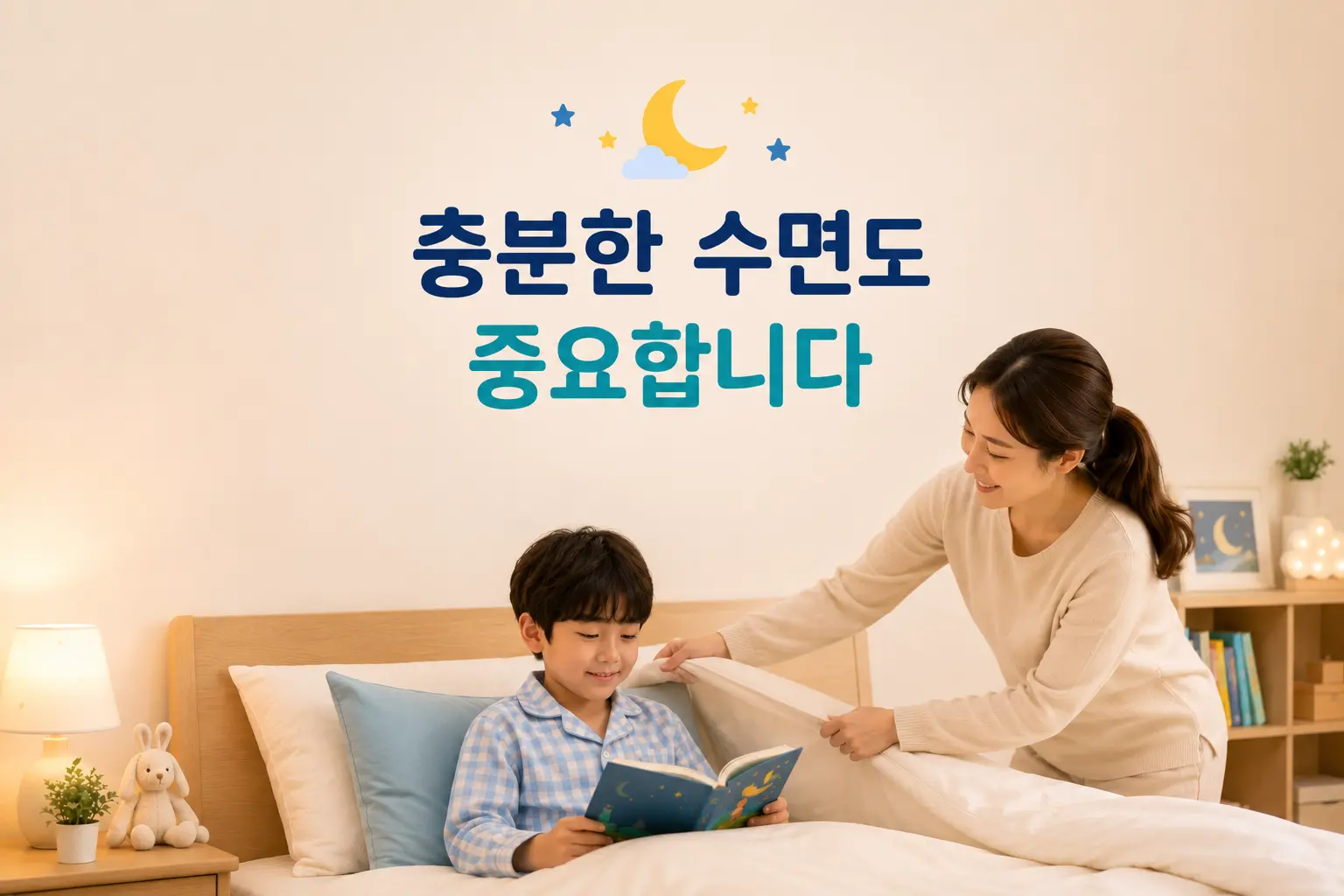 규칙적인 수면 습관을 실천하며 잠자리에 드는 한국인 어린이