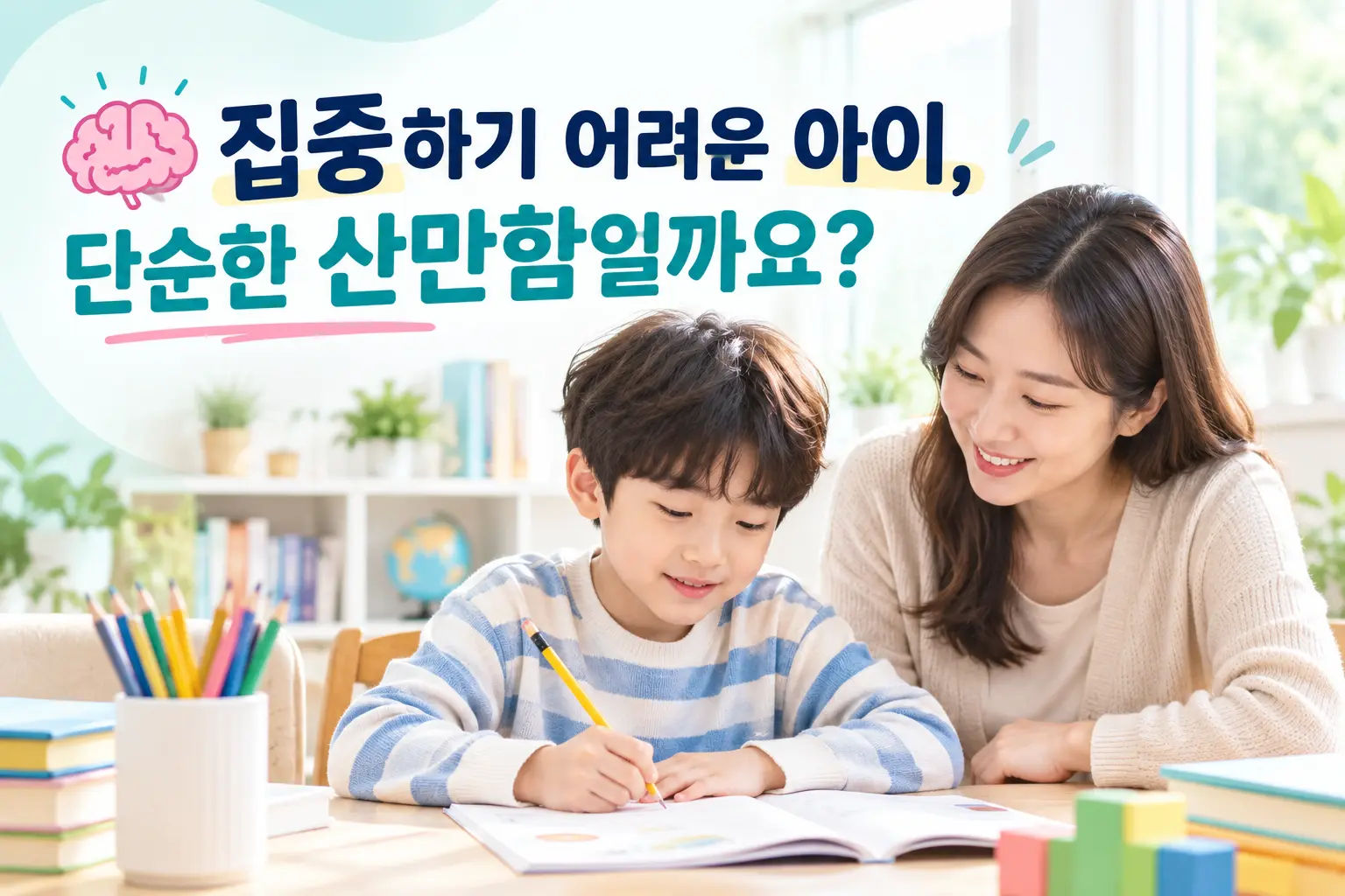 창원 소아ADHD 집중력 저하를 보이는 한국인 초등학생이 보호자와 함께 공부하는 모습