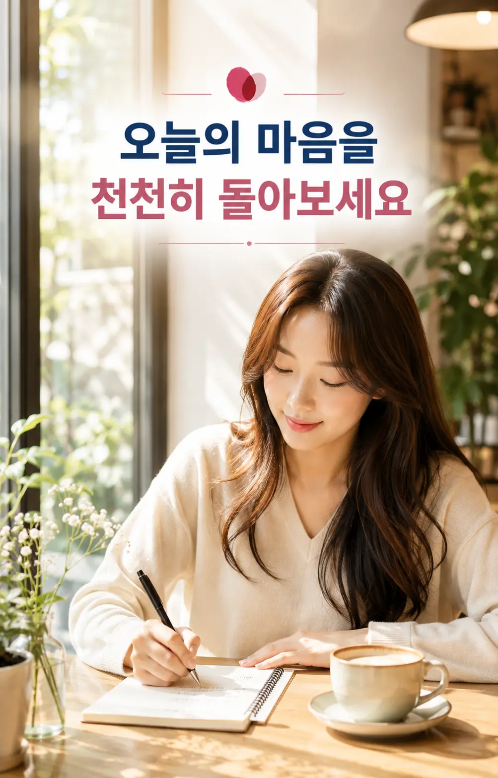 따뜻한 공간에서 자신의 감정과 생활 상태를 기록하는 한국인 여성