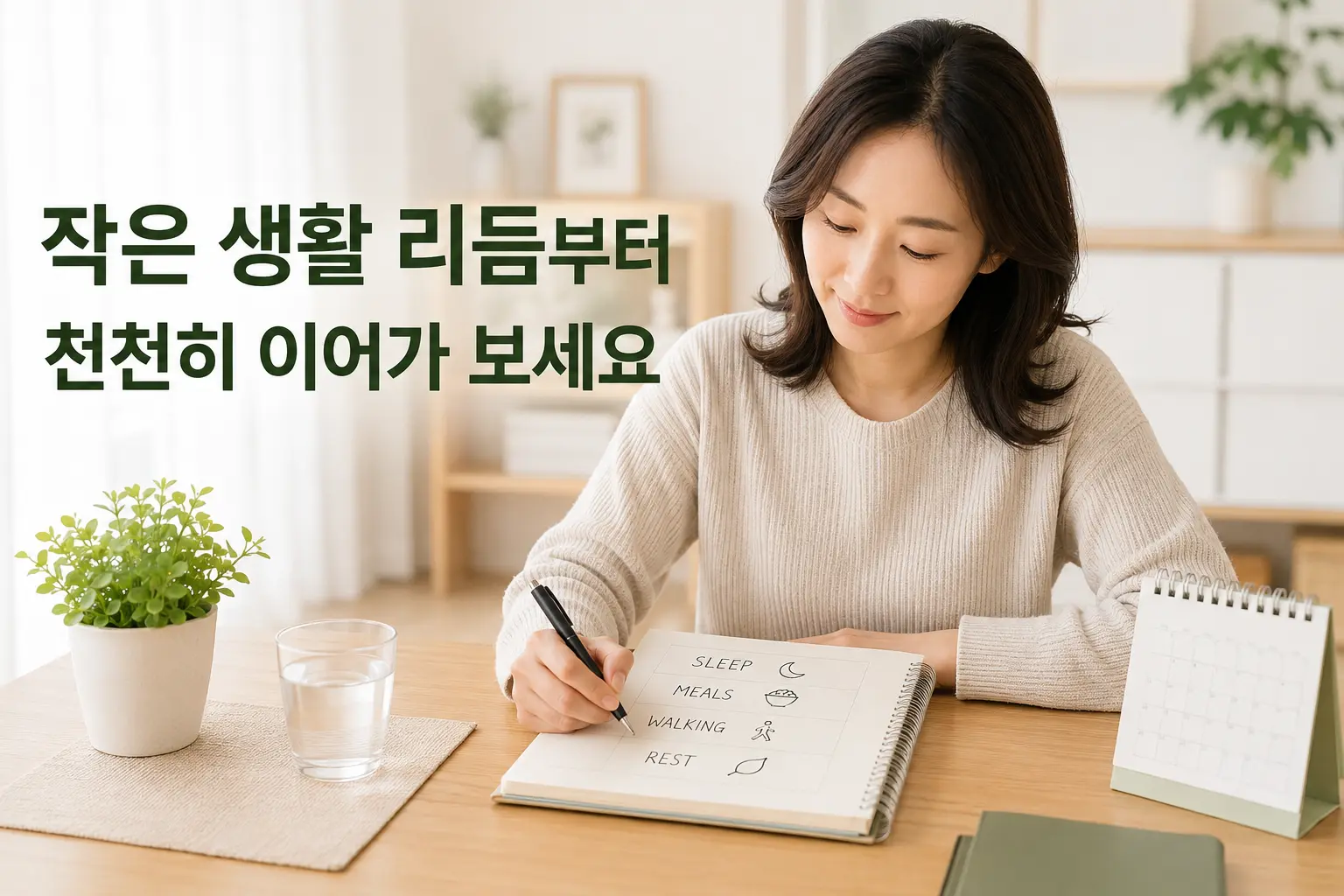규칙적인 생활 리듬을 위해 하루 계획을 정리하는 한국인 여성