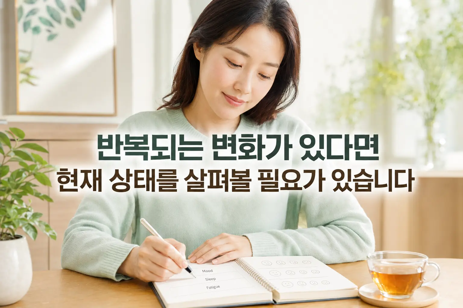 자신의 몸과 마음 상태를 차분하게 기록하는 한국인 성인