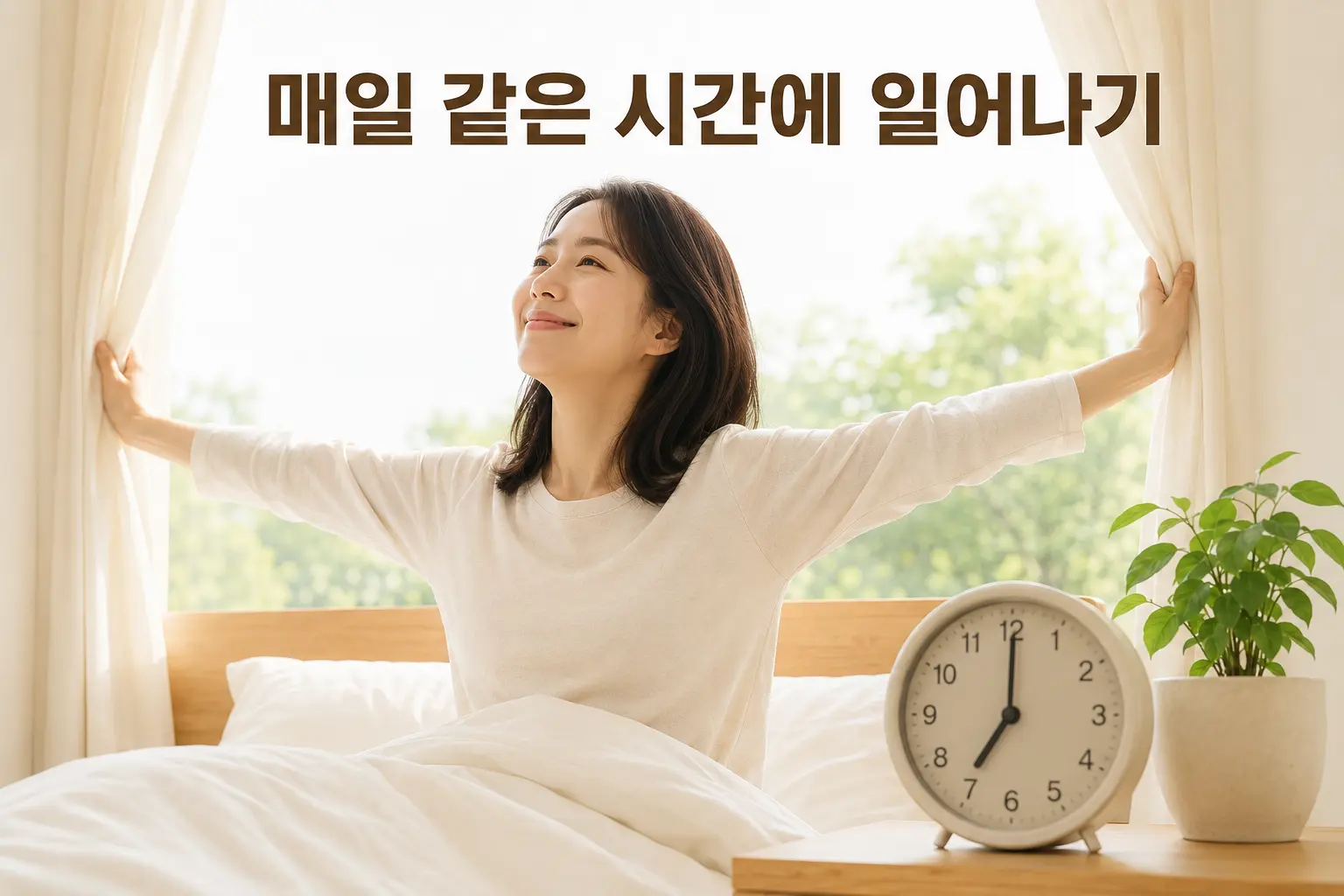 일정한 기상 시간과 수면 리듬을 관리하는 한국인 여성