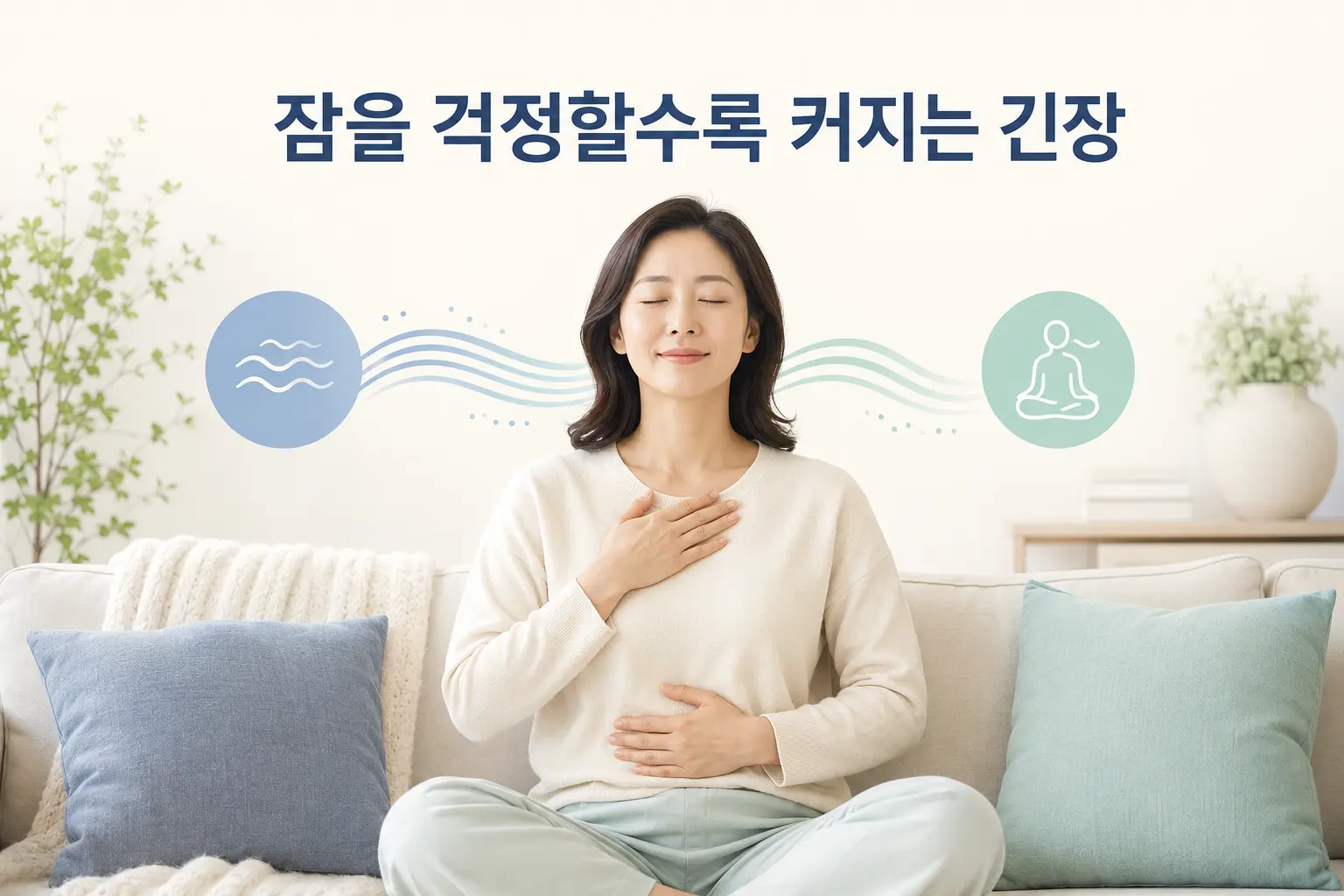 울산불면증에 대한 걱정으로 긴장된 상태를 표현한 한국인 여성