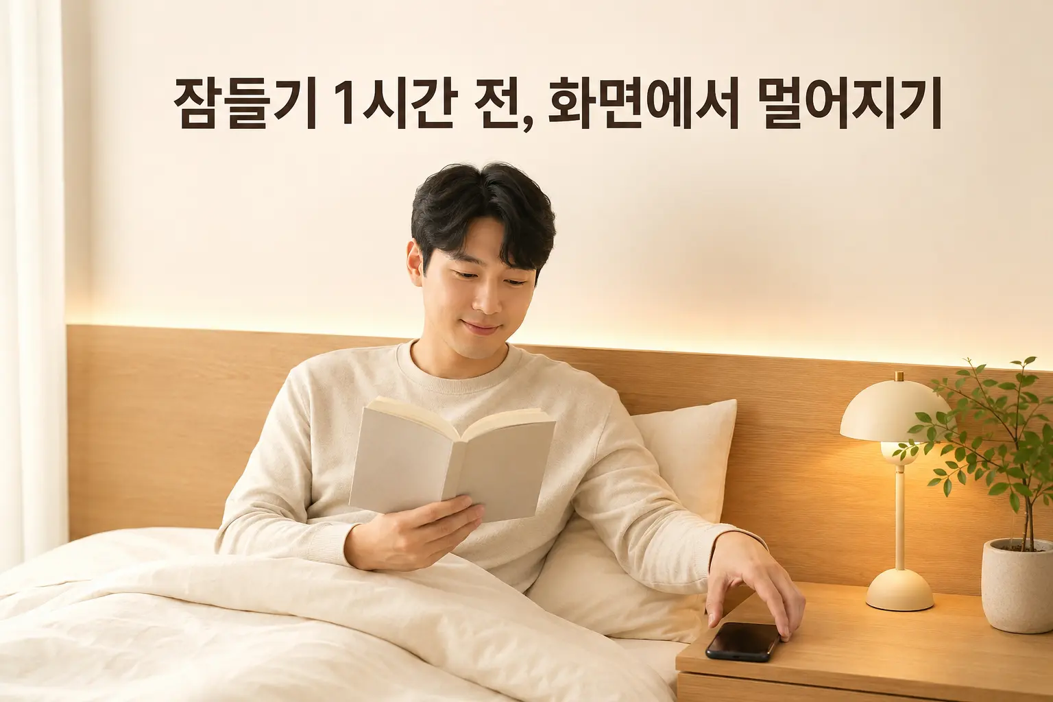 잠들기 전 스마트폰을 내려놓고 독서하는 한국인 남성