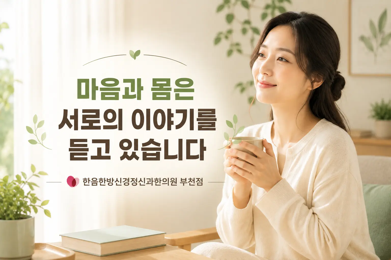 부천 우울증과 마음 몸의 균형을 표현한 밝고 편안한 한국인 여성 이미지