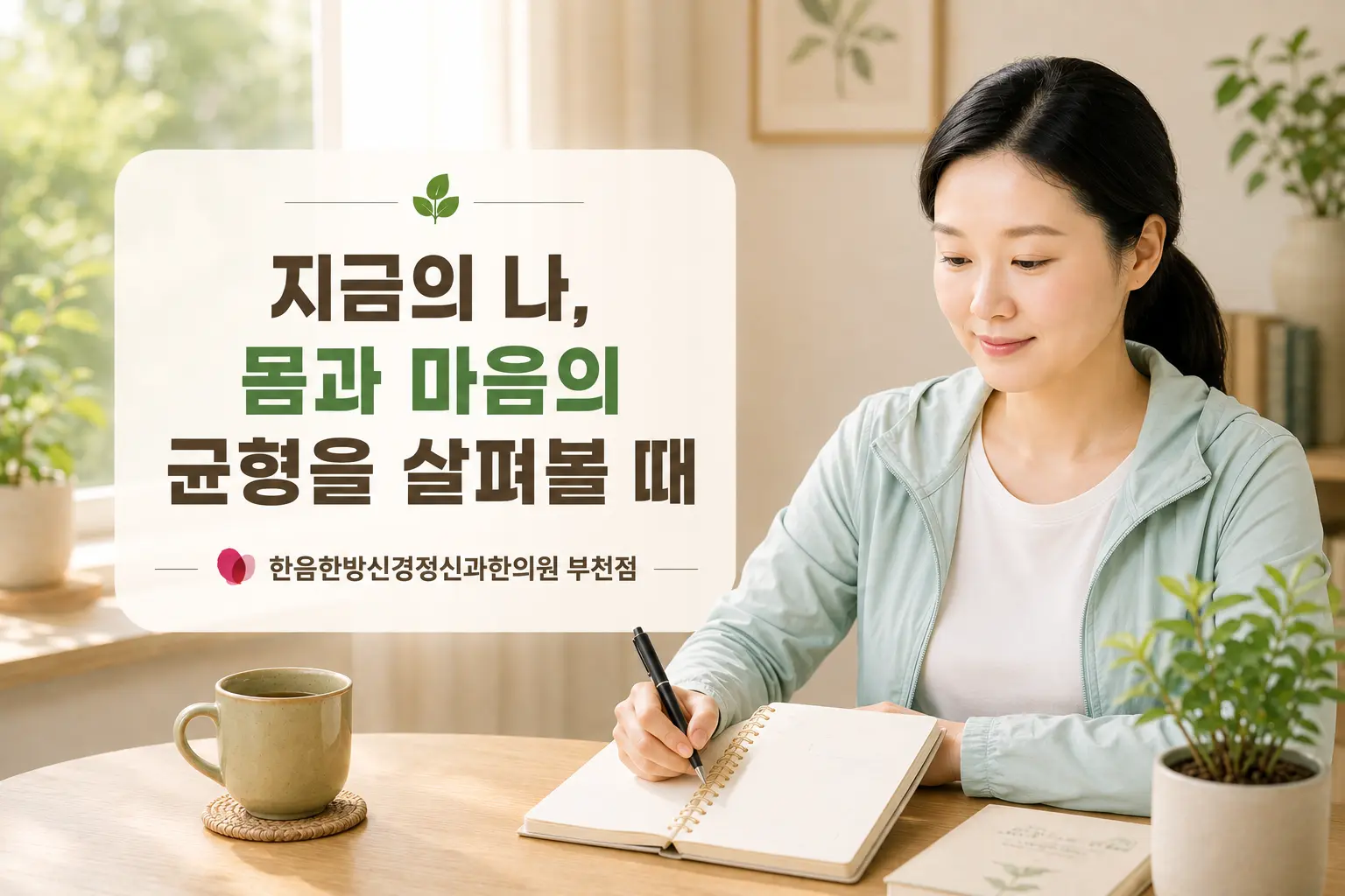 부천 우울증 현재 몸과 마음의 상태를 기록하며 점검하는 한국인 여성 이미지