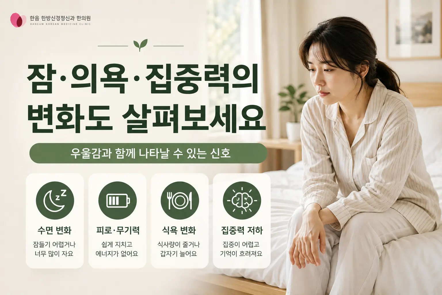 평택 우울증의 수면 무기력 식욕 집중력 변화를 보여주는 정보 이미지
