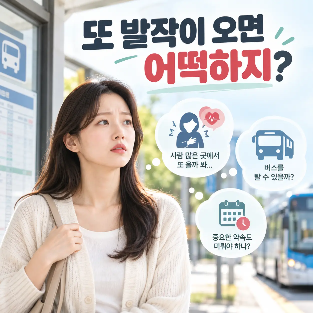 공황장애 예기불안으로 외출과 버스 탑승을 고민하는 한국인 여성