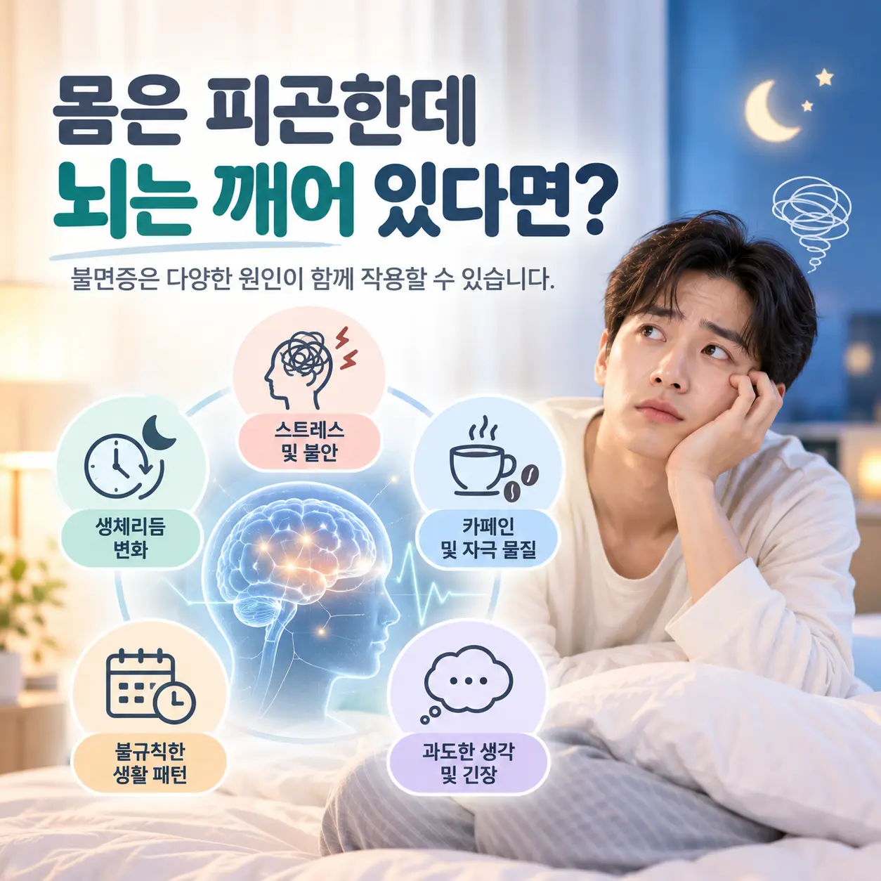 스트레스와 생체리듬 변화가 불면증에 영향을 줄 수 있음을 설명하는 이미지