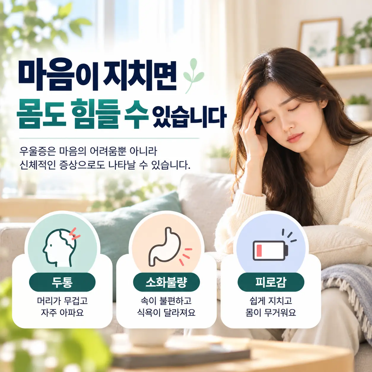 우울증에 동반될 수 있는 두통 피로감 소화불량을 설명하는 이미지